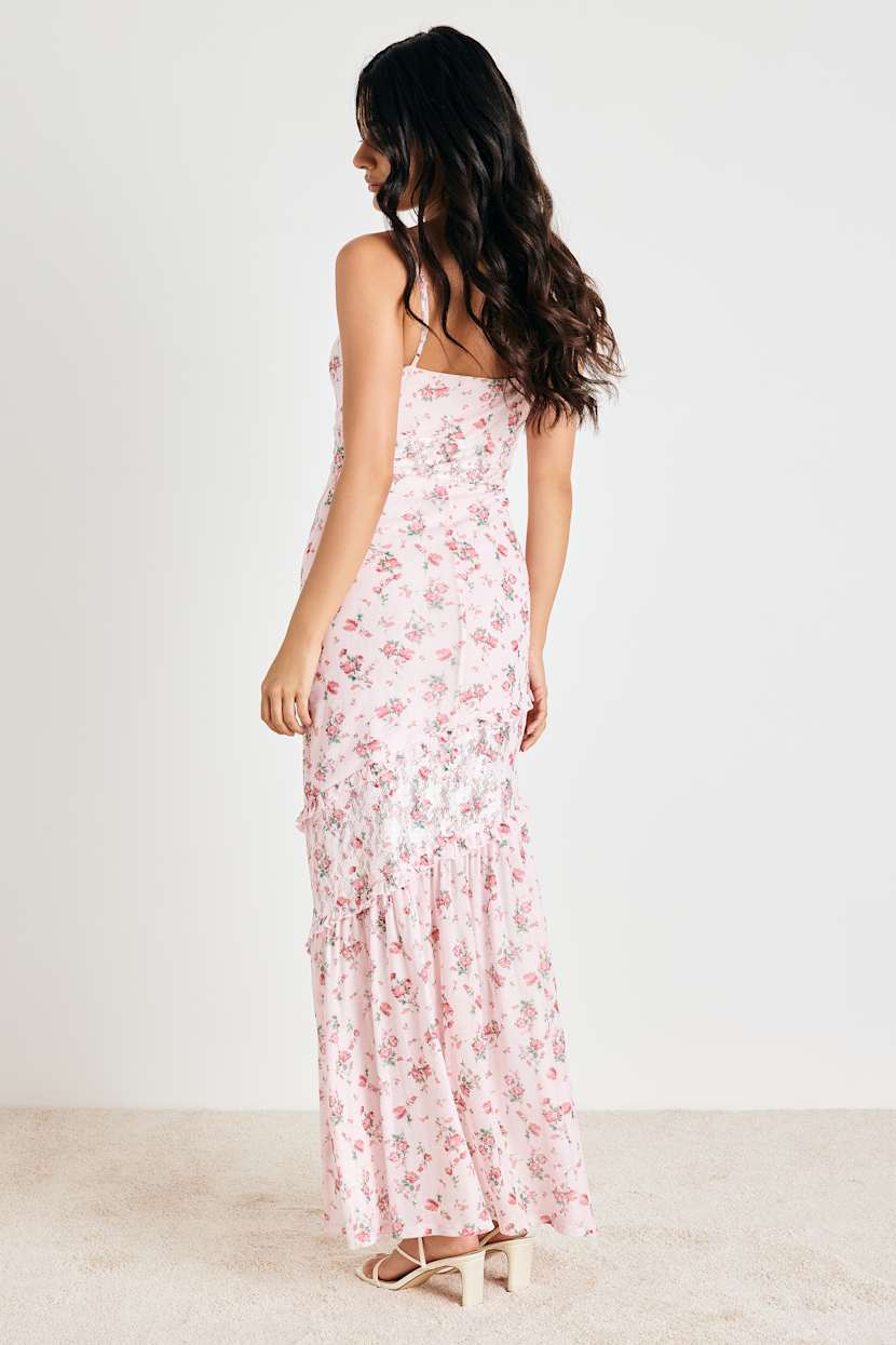 Kasha Light Pink Floral Asymmetrical Maxi Dress