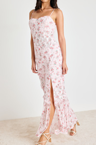 Kasha Light Pink Floral Asymmetrical Maxi Dress 6