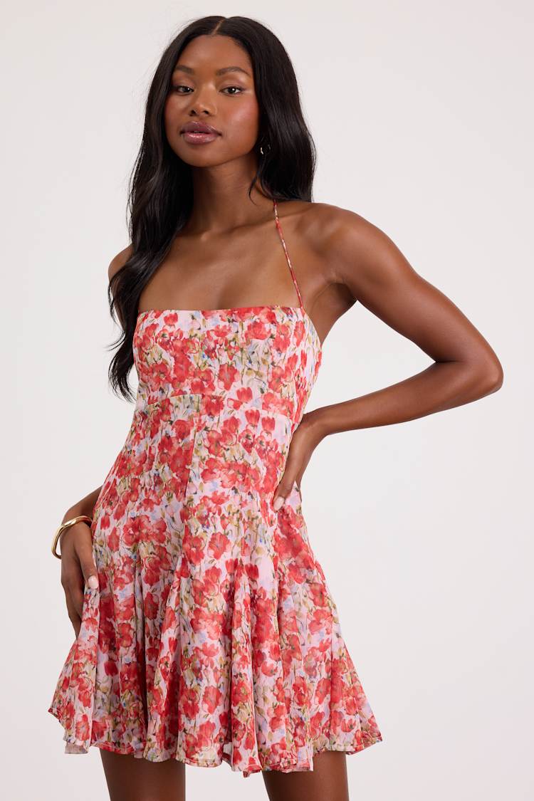 strapless open back dress Red Halter Plunge Neck Mini Dress | Dresses main image 1