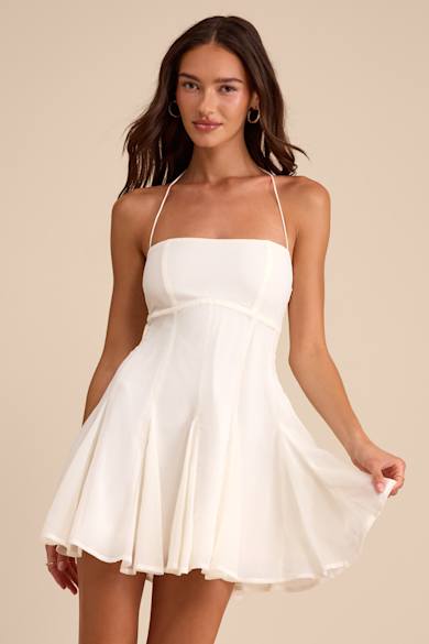 green emerald velvet dress Berylove Women Ruffled Graduation Dress V Neck Little White Dress, White / US16W main image 0