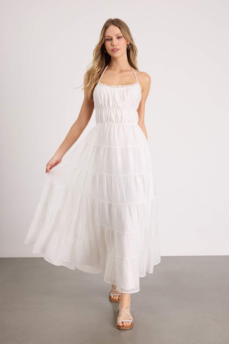 white tiered maxi dress Lulus | Textured Backless | Womens | Large (Available in XL) The Marie Maxi dress is a floaty Catalina Tiered Ruffle Maxi Dress