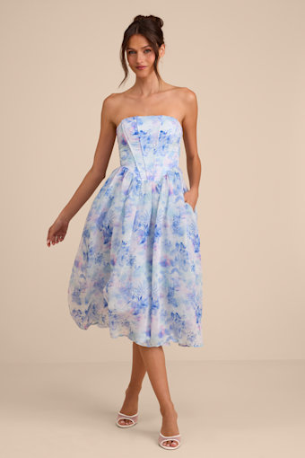 Eulalia Light Blue Floral Lace-Up Strapless Bustier Midi Dress 2