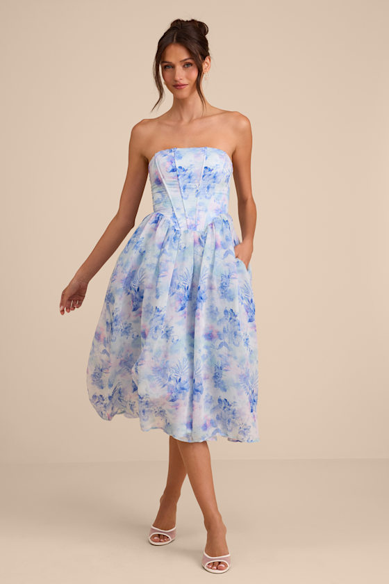 Eulalia Light Blue Floral Lace-Up Strapless Bustier Midi Dress 2