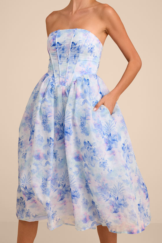 Eulalia Light Blue Floral Lace-Up Strapless Bustier Midi Dress 3