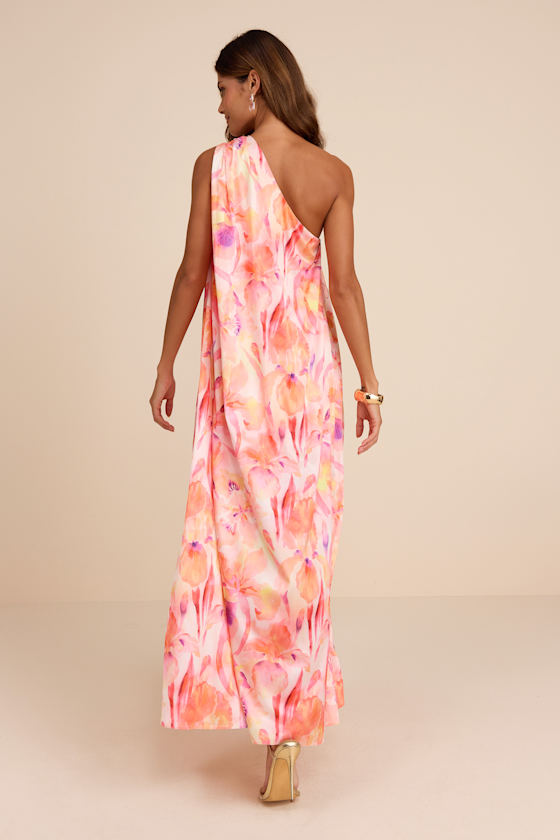 Goddess Aura Orange Multi Floral Satin One-Shoulder Maxi Dress - thumbnail 3