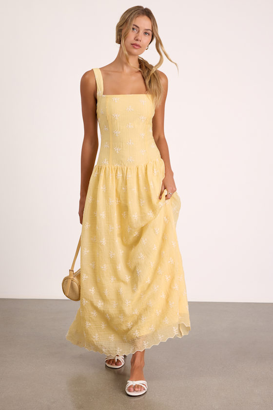Starletta Yellow Embroidered Drop Waist Maxi Dress 2