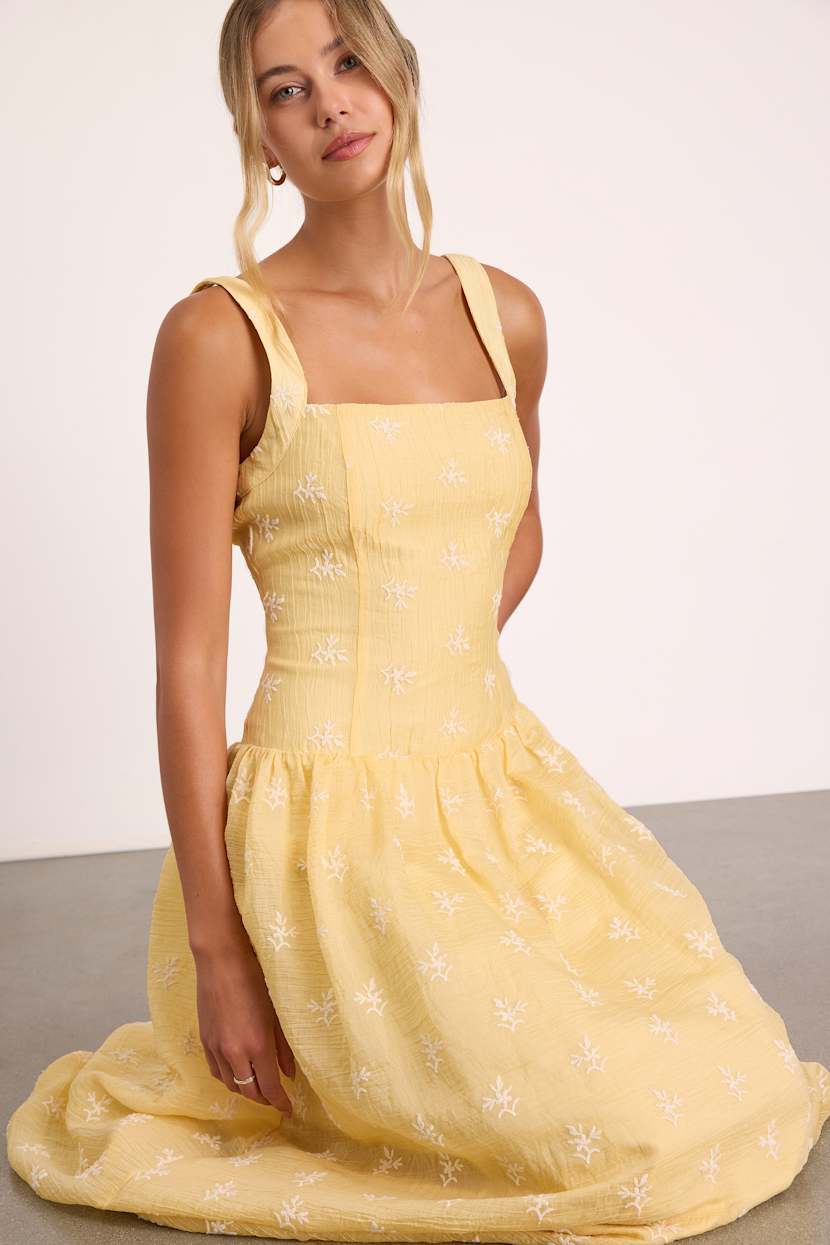 sachin and babi light blue dress Yellow Embroidered Dress - Drop Waist Midi Dress - Midi Dress