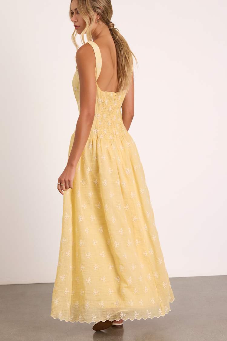 Lulus | Yellow Embroidered Drop Waist Maxi Dress | Womens | Large (Available in XS, S, M, XL) | Cotton/Polyester/Spandex