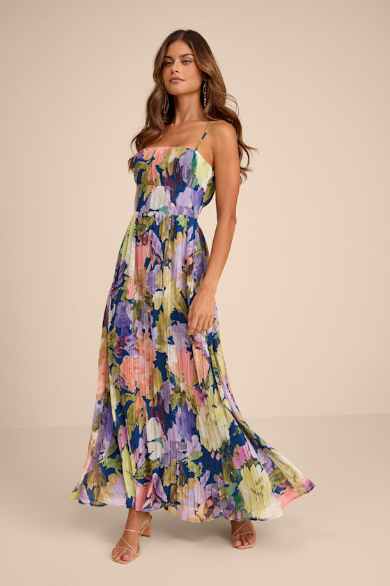 Dark Blue Floral Dress - Pleated Maxi Dress - A-line Chiffon Maxi