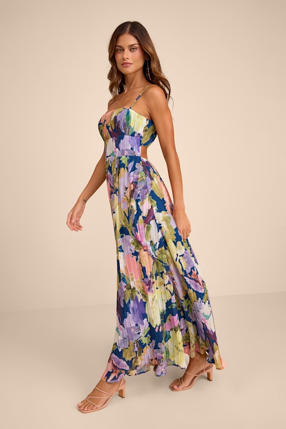 Holloway Dark Blue Multi Floral Pleated Maxi Dress - thumbnail 4
