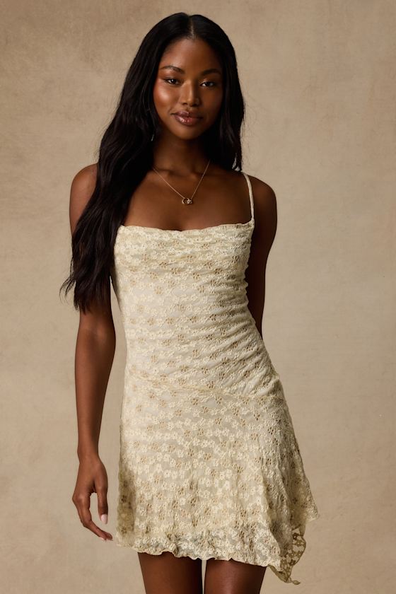 Cream Floral Lace Dress - Cowl Neck Dress - Asymmetrical Dress - Lulus