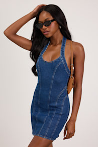 Mayla Medium Wash Denim Halter Mini Dress 2