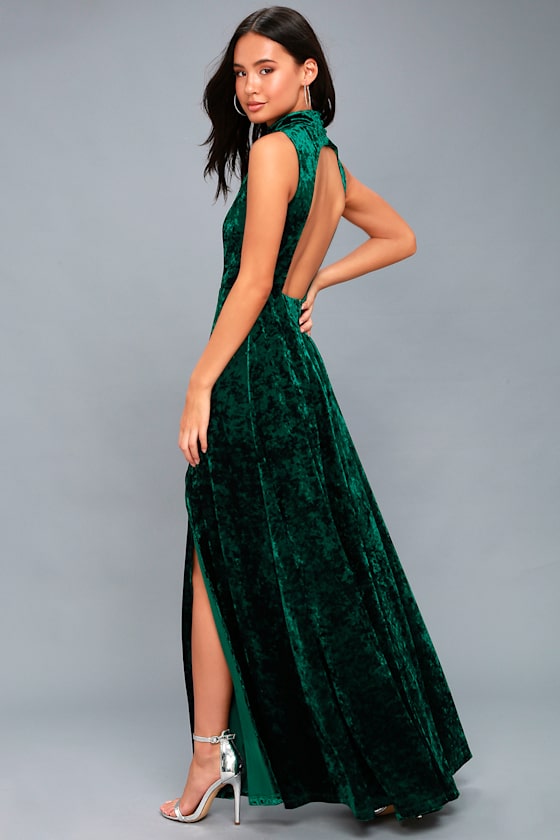 In the Louvre Forest Green Velvet Backless Maxi Dress 1