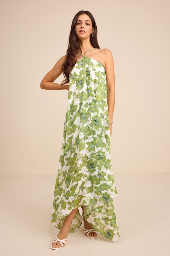 Green Multi Floral Dress - Backless Halter Dress - Floral Dress