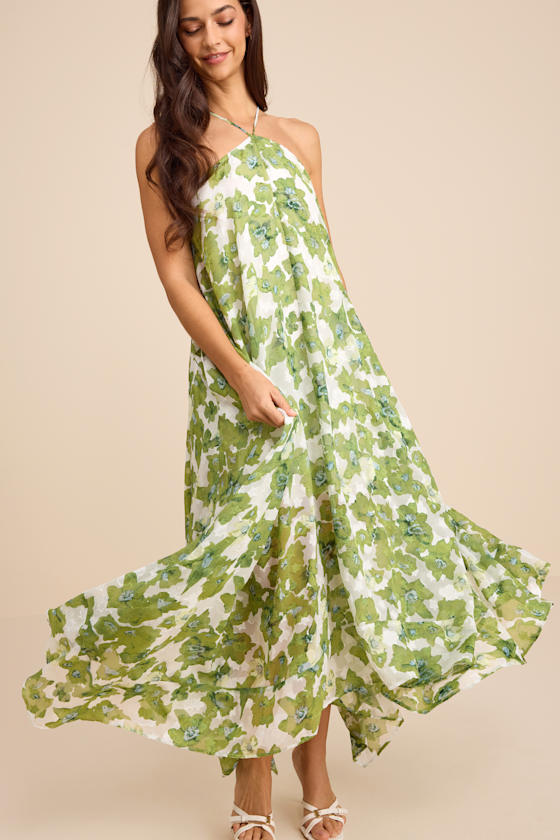 Green Multi Floral Halter Shift Maxi Dress | Womens | X-Large (Available in XS) | 100% Polyester | Lulus