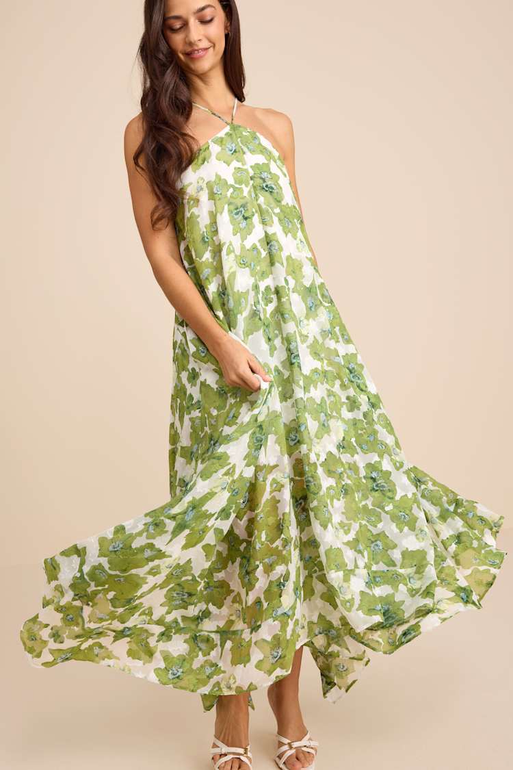 green emerald velvet dress Baltic Born Womens Monte Tiered Maxi Dress | Green Multi main image 1