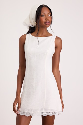 Avryll White Lace Boat Neck Mini Dress and Scarf Set 1