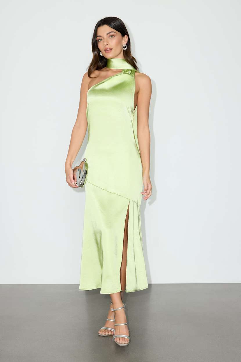 Reglan Lime Satin One-Shoulder Sash Midi Dress