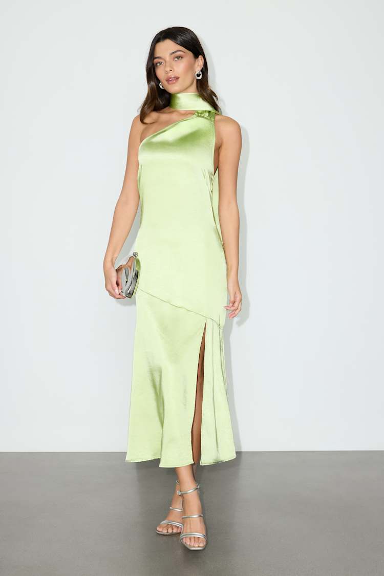 light green satin midi dress Asymmetrical Draped Stretch Satin Midi Dress In Icy Sage, Icy Sage / Regular / 6