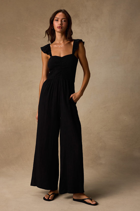 Black Jumpsuit - Flutter Sleeve Jumpsuit - Wide-Leg Jumpsuit - Lulus