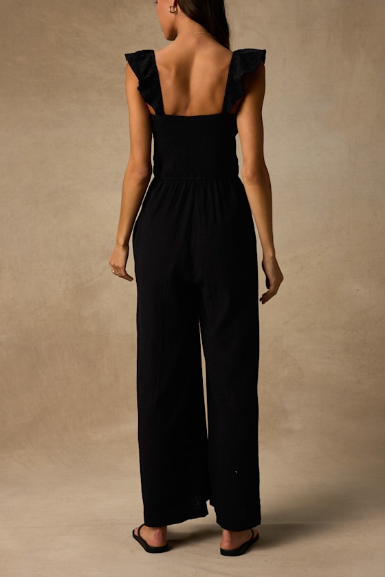 Daniyah Black Smocked Flutter Sleeve Wide-Leg Jumpsuit - thumbnail 3