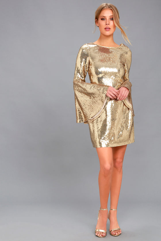 Beaming Belle Gold Sequin Bell Sleeve Dress 2