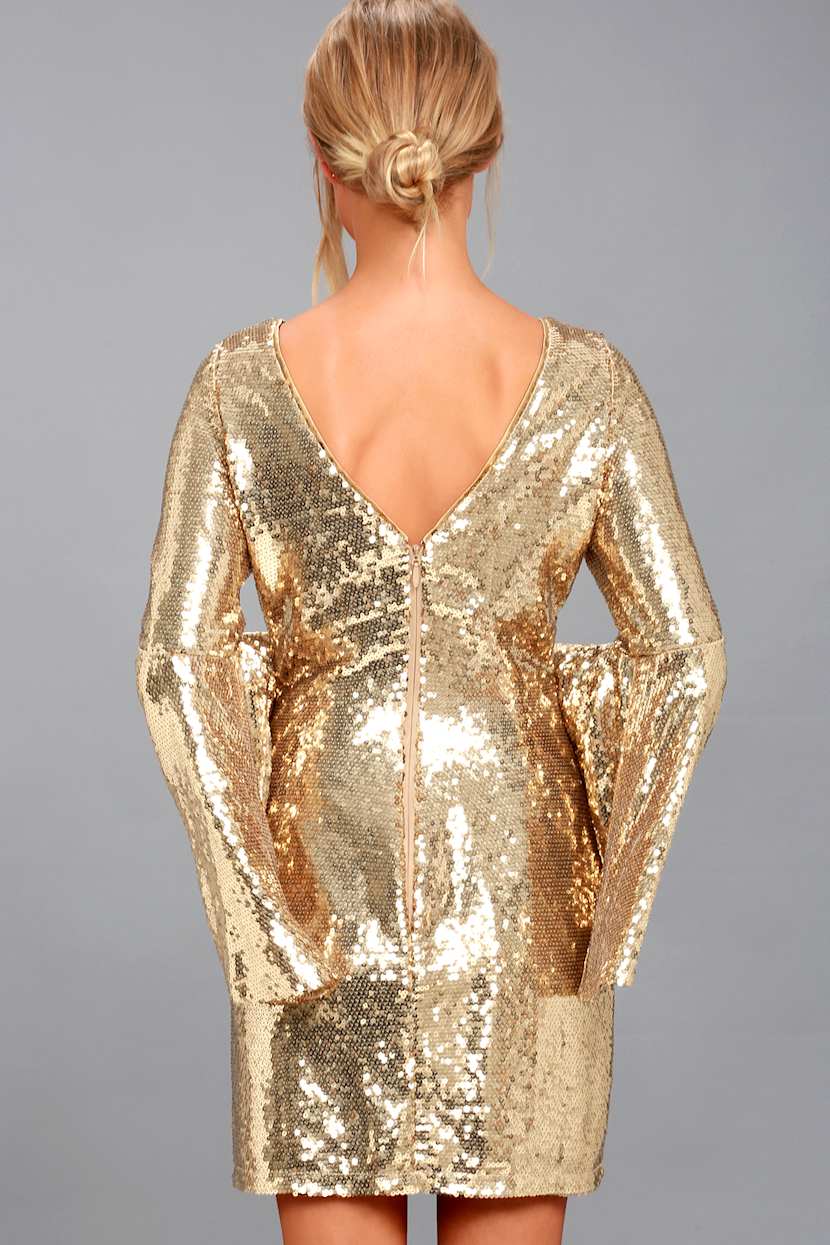 Stunning Sequins Dress - Gold Dress - Bell Sleeve Dress - Lulus