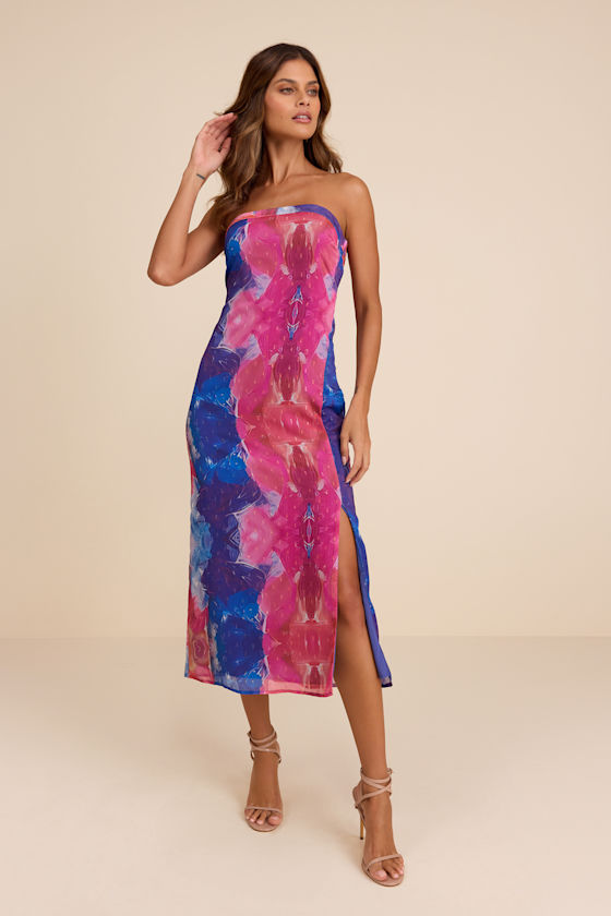Image of Bethany Blue Multi Clip Dot Strapless Cutout Midi Dress