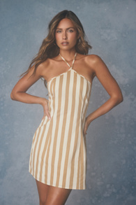 Madelia Tan Striped Halter Mini Dress 2