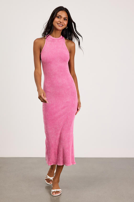 Essentially Sweet Washed Hot Pink Ribbed Sleeveless Midi Dress 2