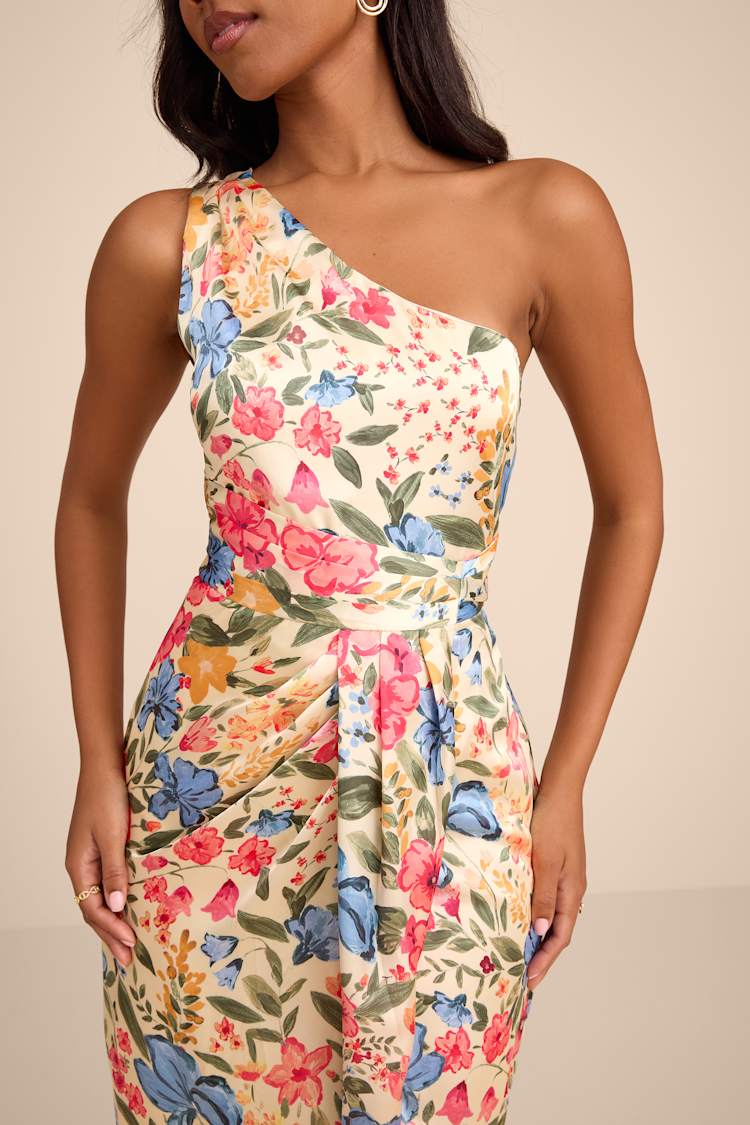 Rhema Cream Multi Floral Print Satin Midi Dress
