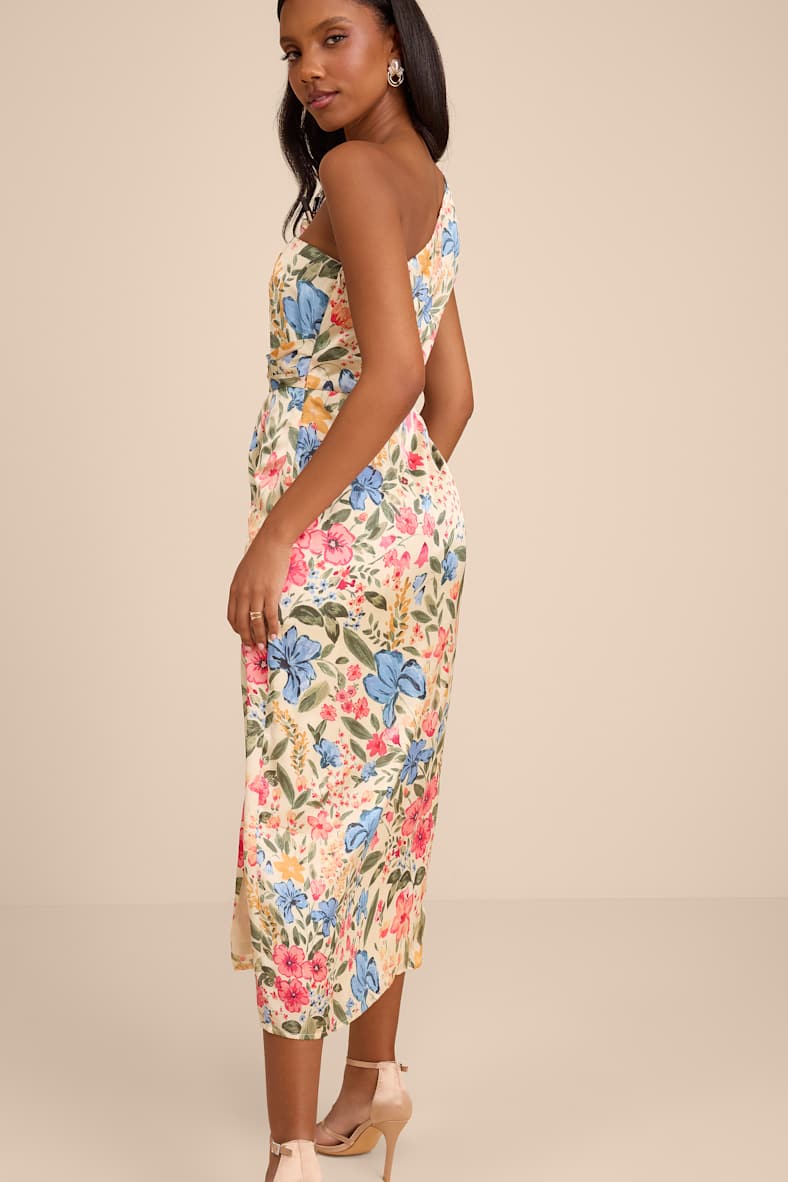 Rhema Cream Multi Floral Print Satin Midi Dress