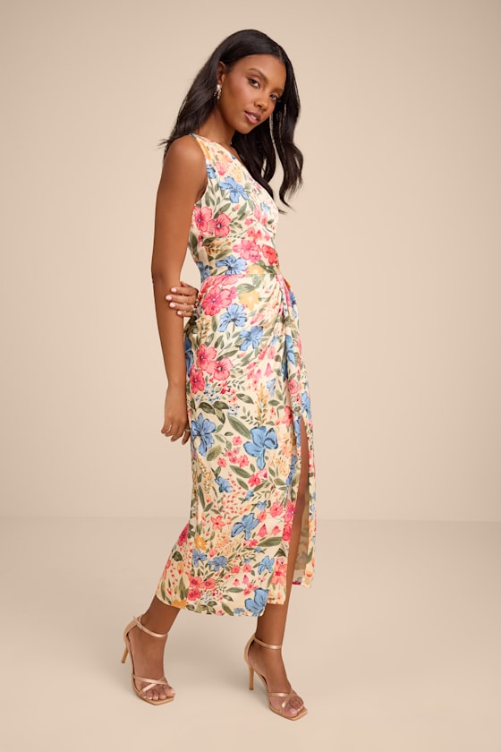 Rhema Cream Multi Floral Print Satin Midi Dress - thumbnail 4