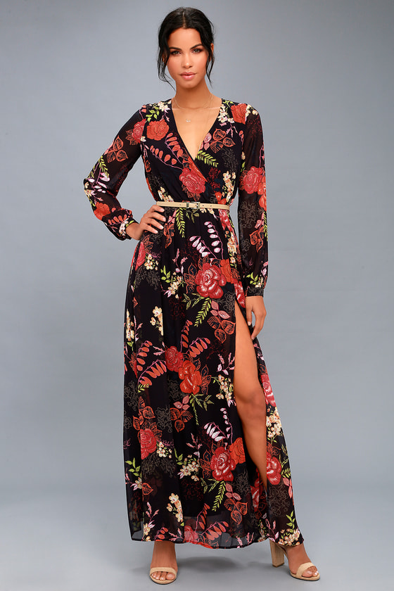 wondrous water lilies black floral print maxi dress