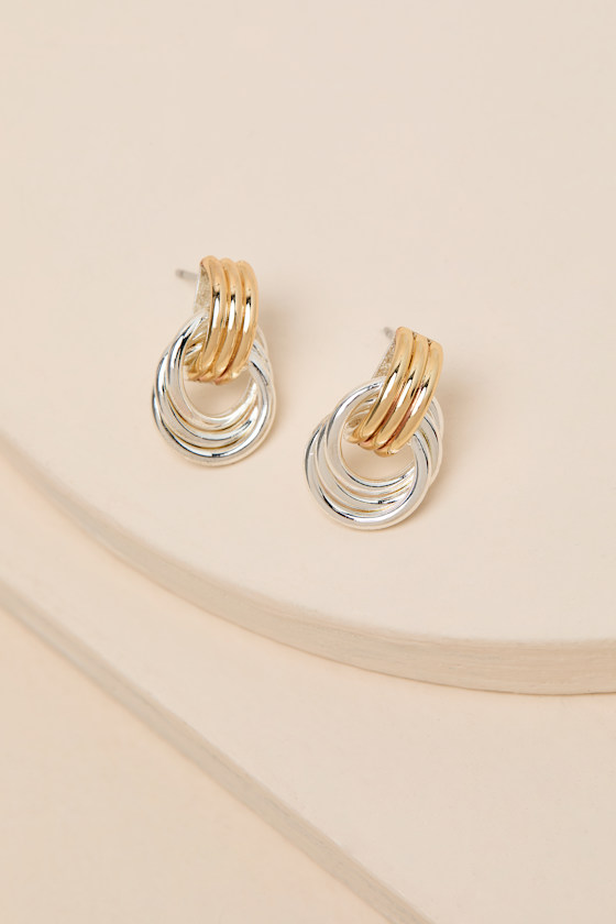Silver & Gold Earrings - Doorknocker Earrings - Mixed Metals - Lulus