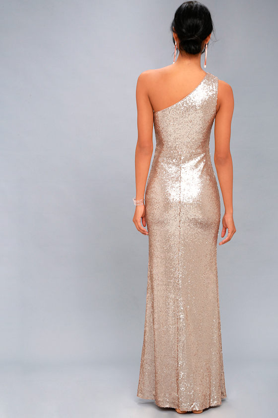 Sexy Rose Gold Maxi Dress OneShoulder Sequin Dress