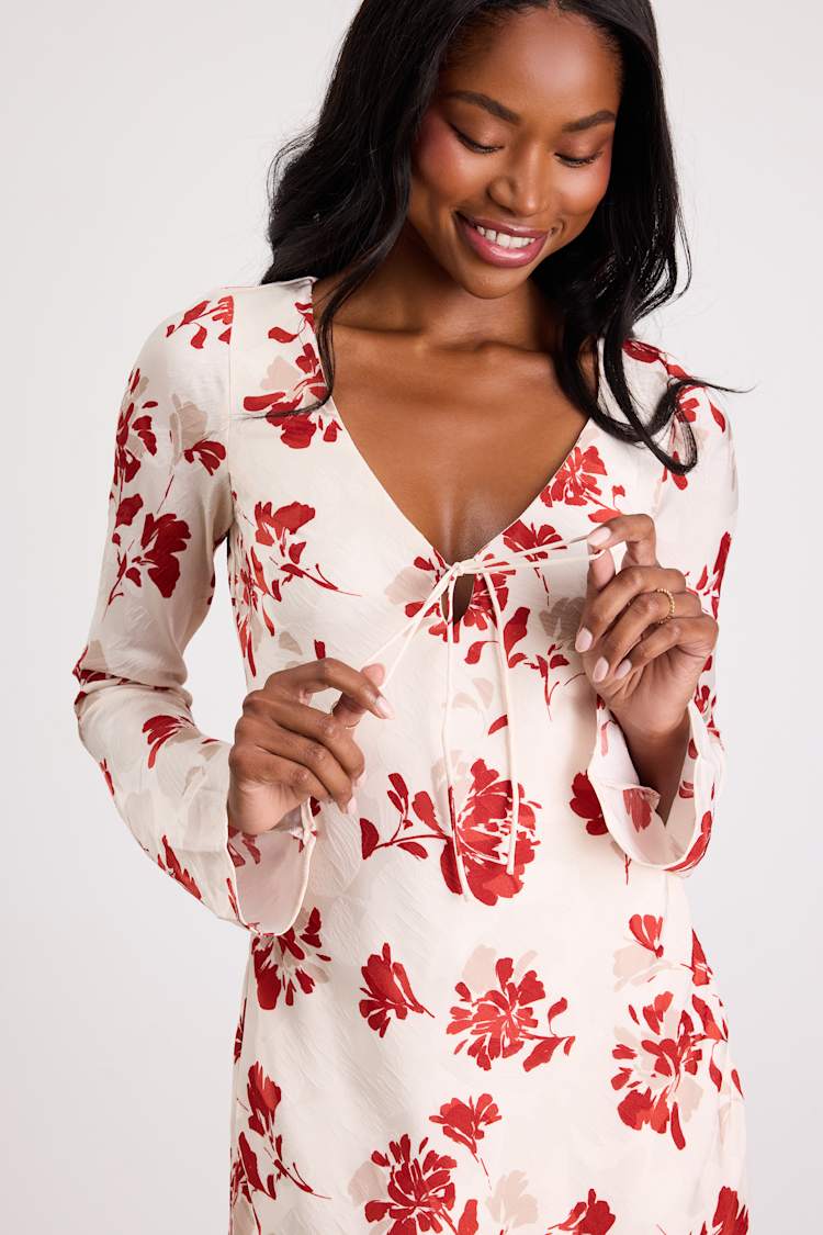white mini dress with red flowers FLORAL PRINT VOLUME DRESS - Ecru / Red