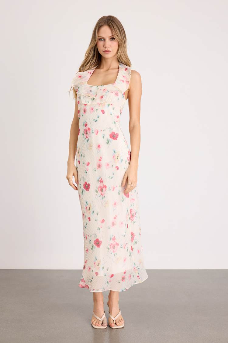 Ivory Floral Midi Dress - Ruffled Halter Dress - Chiffon Dress - Lulus Ivory Floral Midi Dress - Ruffled Halter Dress - Chiffon Dress - Lulus