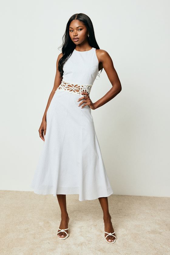 Shya Blue and White Striped Crochet Lace Midi Dress 2