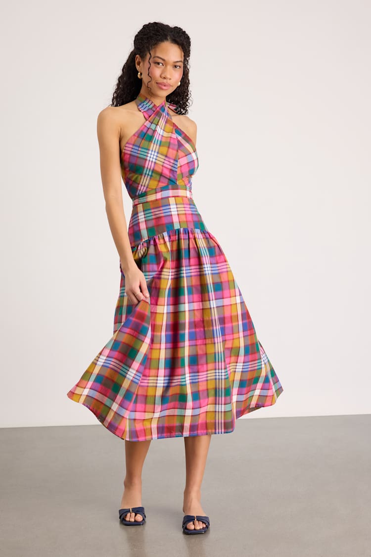 Pink Multi Plaid Dress - Halter Neck Midi Dress - Drop Waist Midi - Lulus Pink Multi Plaid Dress - Halter Neck Midi Dress - Drop Waist Midi - Lulus