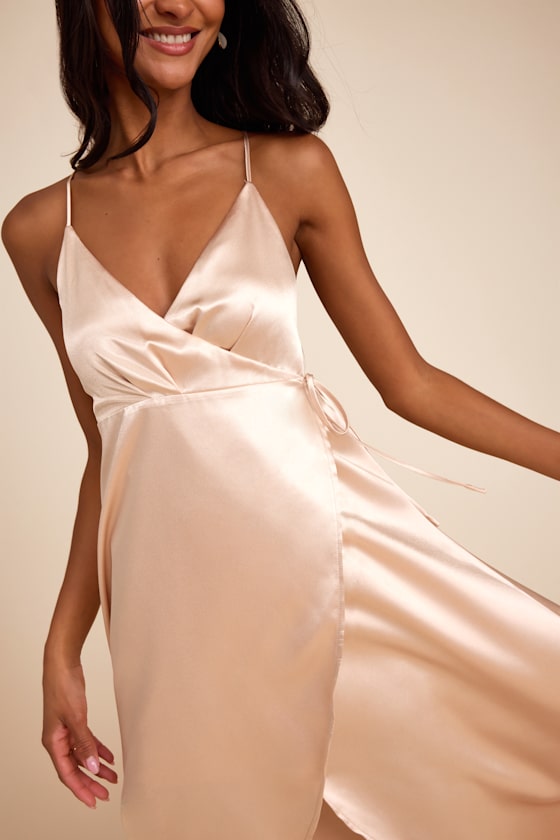 Audria Champagne Satin Wrap High-Low Maxi Dress 2