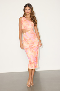 Ismerida Peach and Pink Abstract Mesh One-Shoulder Midi Dress 2