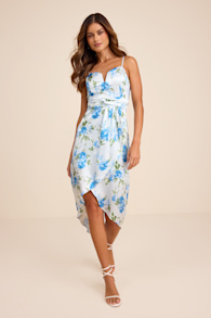 My Favorite Day Light Blue Floral Print Tulip Skirt Midi Dress 1
