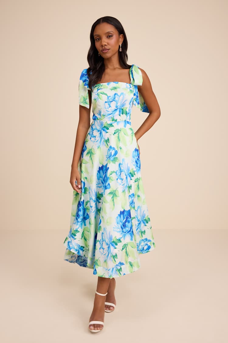 Green Floral Tie-Strap Midi Dress | Womens | Small (Available in XS, M, L, XL) | 100% Polyester | Lulus