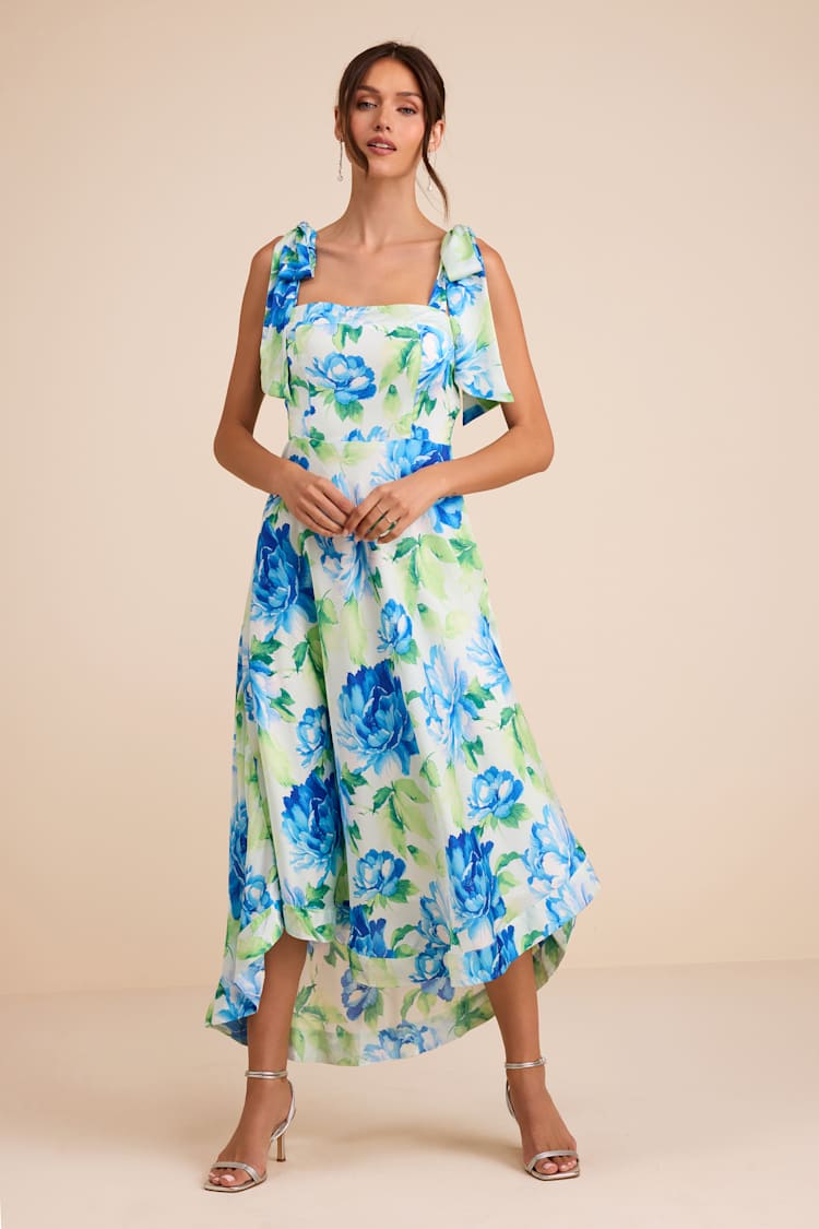 green floral tie dress Green Floral Tie-Strap Midi Dress | Womens | Small (Available in XS, M, L, XL) | 100% Polyester