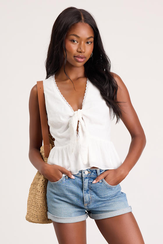 Admirable Cutie White Tie-Front Ruffled Sleeveless Top 1