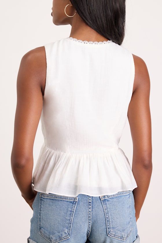 Admirable Cutie White Tie-Front Ruffled Sleeveless Top - thumbnail 3