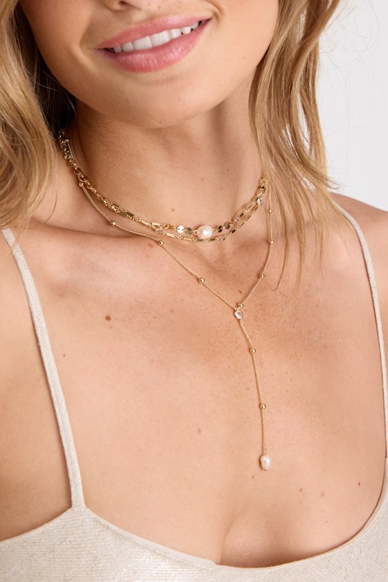 Forever Falling 14KT Gold Pearl Layered Necklace - thumbnail 3