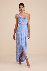 Amella Light Blue Polka Dot Satin Asymmetrical Dress 1