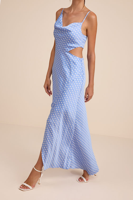 Amella Light Blue Polka Dot Satin Asymmetrical Dress 2